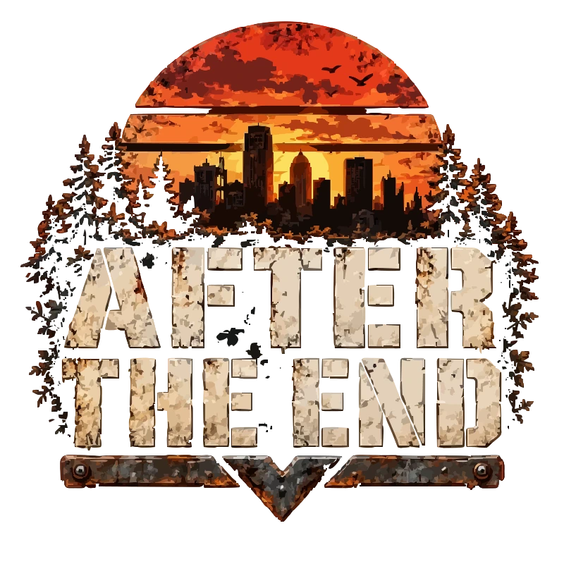 After the End: a city skyline against a red sunset with bold stencil letters.